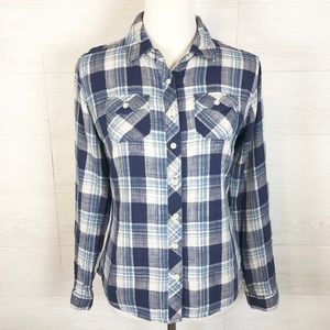 Blue Cotton Plaid Long Sleeve Button Front Top XS